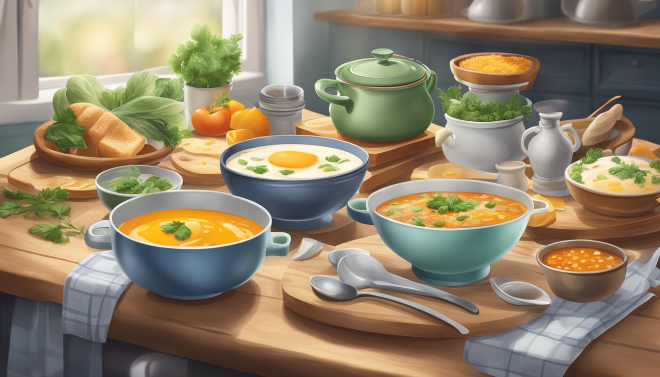 A table set with steaming bowls of breakfast soups, surrounded by fresh ingredients and a cozy kitchen backdrop