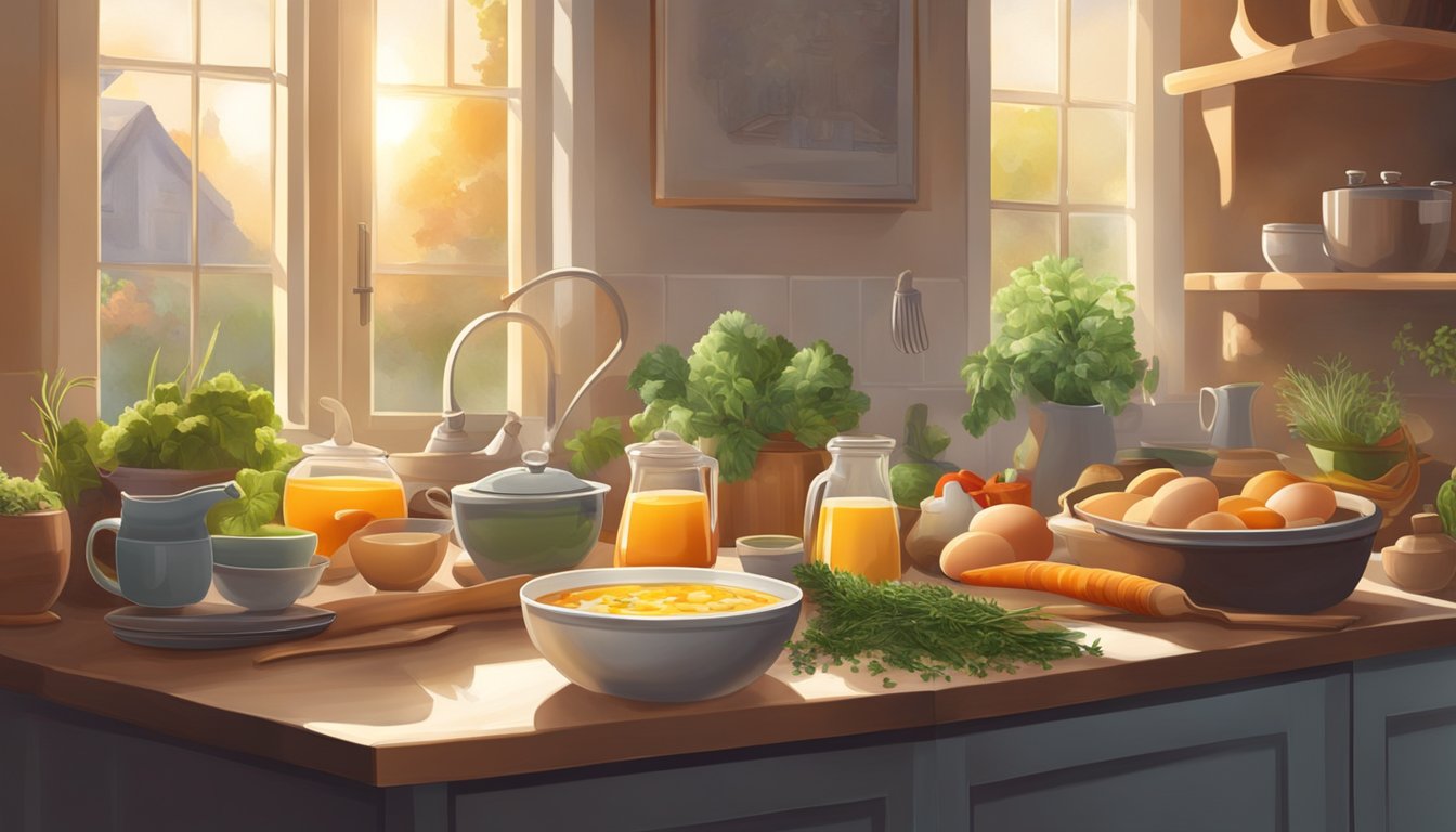 A cozy kitchen scene with a steaming bowl of breakfast soup surrounded by fresh ingredients like eggs, vegetables, and herbs. Sunrise light streams through the window, creating a warm and inviting atmosphere