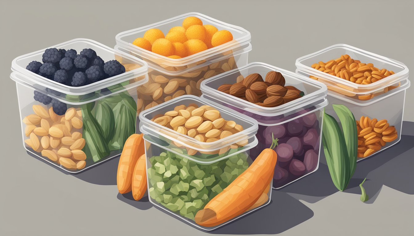 A variety of snacks, such as nuts, fruits, and veggies, are neatly portioned into individual bags, ready for quick and easy meal prep