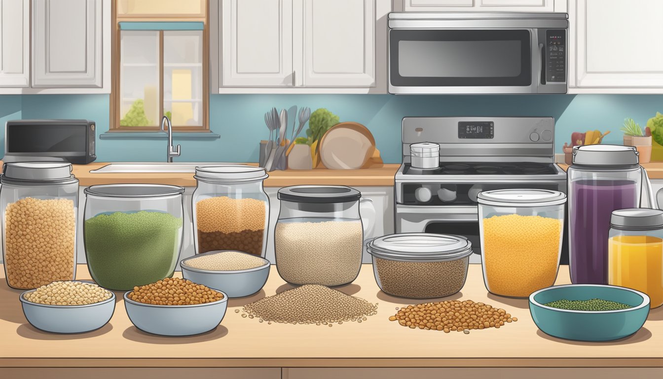 A kitchen counter with various containers of cooked grains and a meal prep guide open on the table