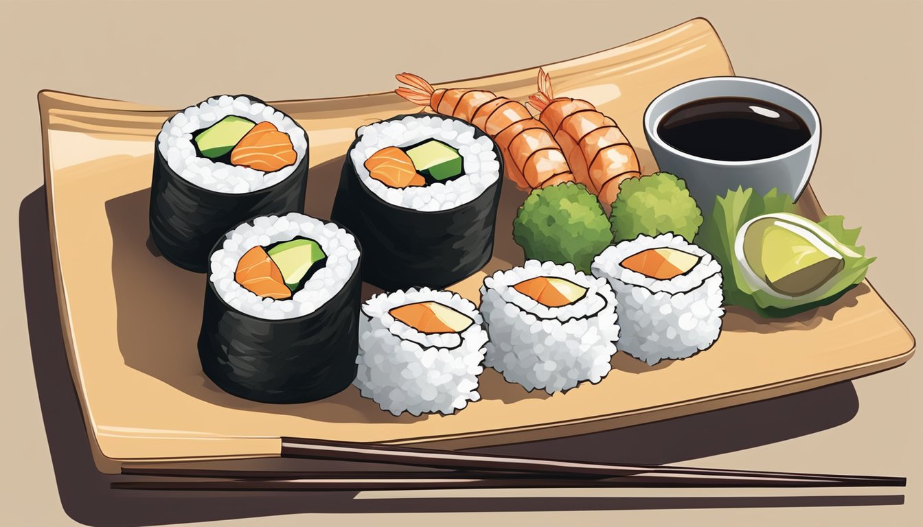 Five sushi rolls arranged on a plate with tempura shrimp, avocado, and rice. A side of soy sauce and chopsticks