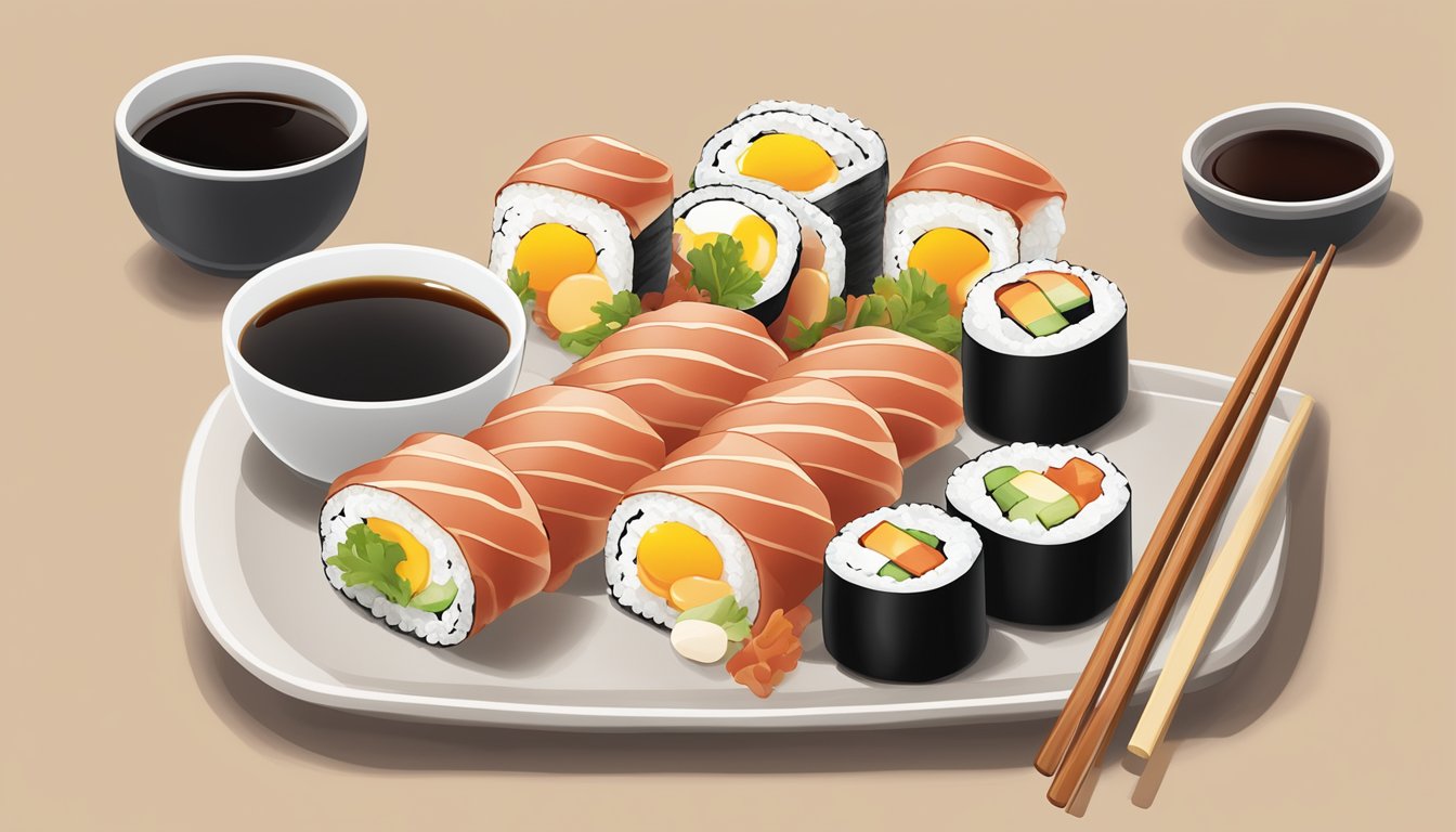 A plate of bacon and egg sushi rolls arranged in a neat row, with a side of soy sauce and chopsticks