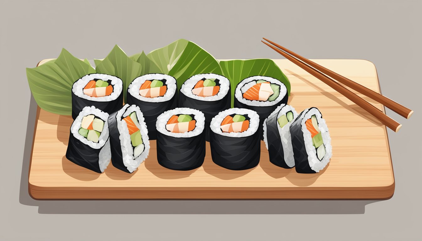 A plate of 5 sushi rolls, filled with tuna and cream cheese, arranged neatly on a wooden sushi board, with chopsticks placed beside it