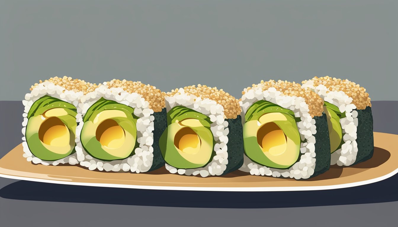 A plate of avocado and quinoa breakfast rolls arranged in a neat row, garnished with sesame seeds and served with a side of soy sauce