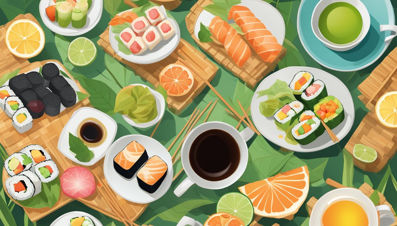 A colorful array of breakfast sushi rolls arranged on a bamboo mat, surrounded by fresh fruit and a steaming cup of green tea