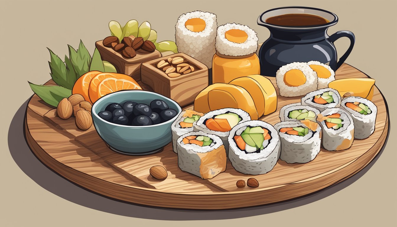 A wooden serving board with 5 breakfast sushi rolls, surrounded by fresh fruit, nuts, and a small jar of maple syrup