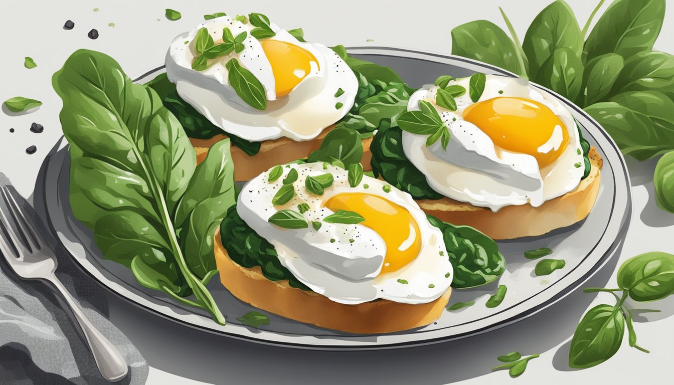 A plate of spinach and feta crostini topped with poached eggs, surrounded by fresh herbs and a sprinkle of cracked black pepper