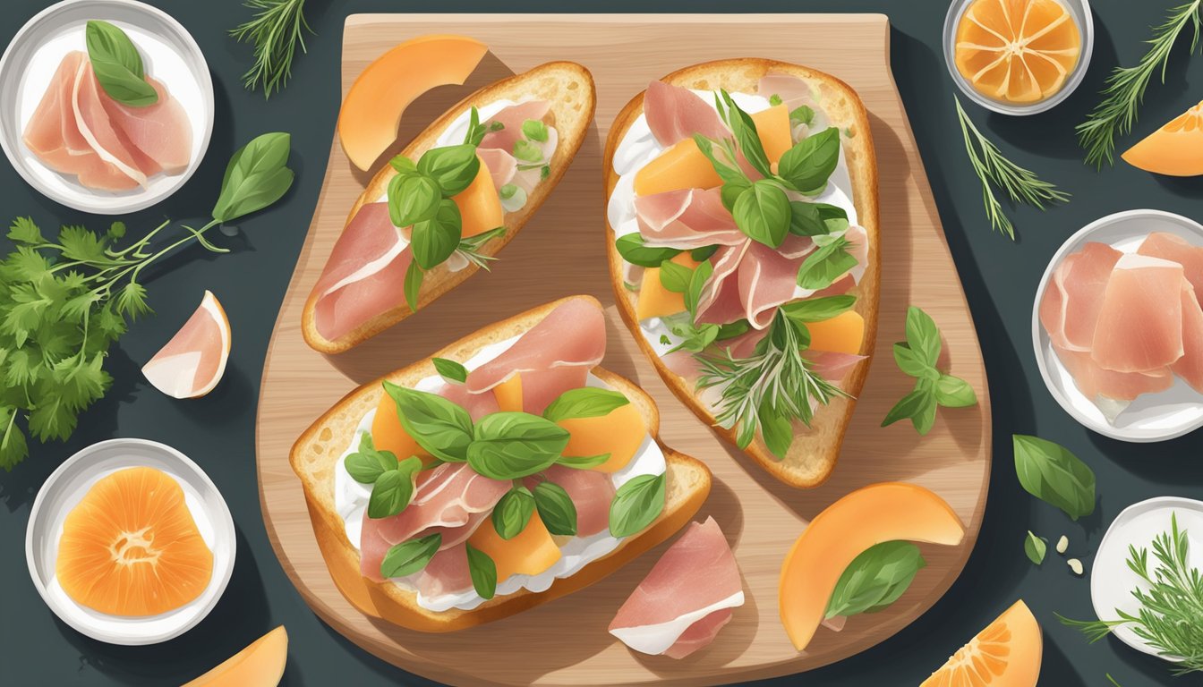 A platter of crostini topped with prosciutto and melon, surrounded by fresh herbs and garnishes