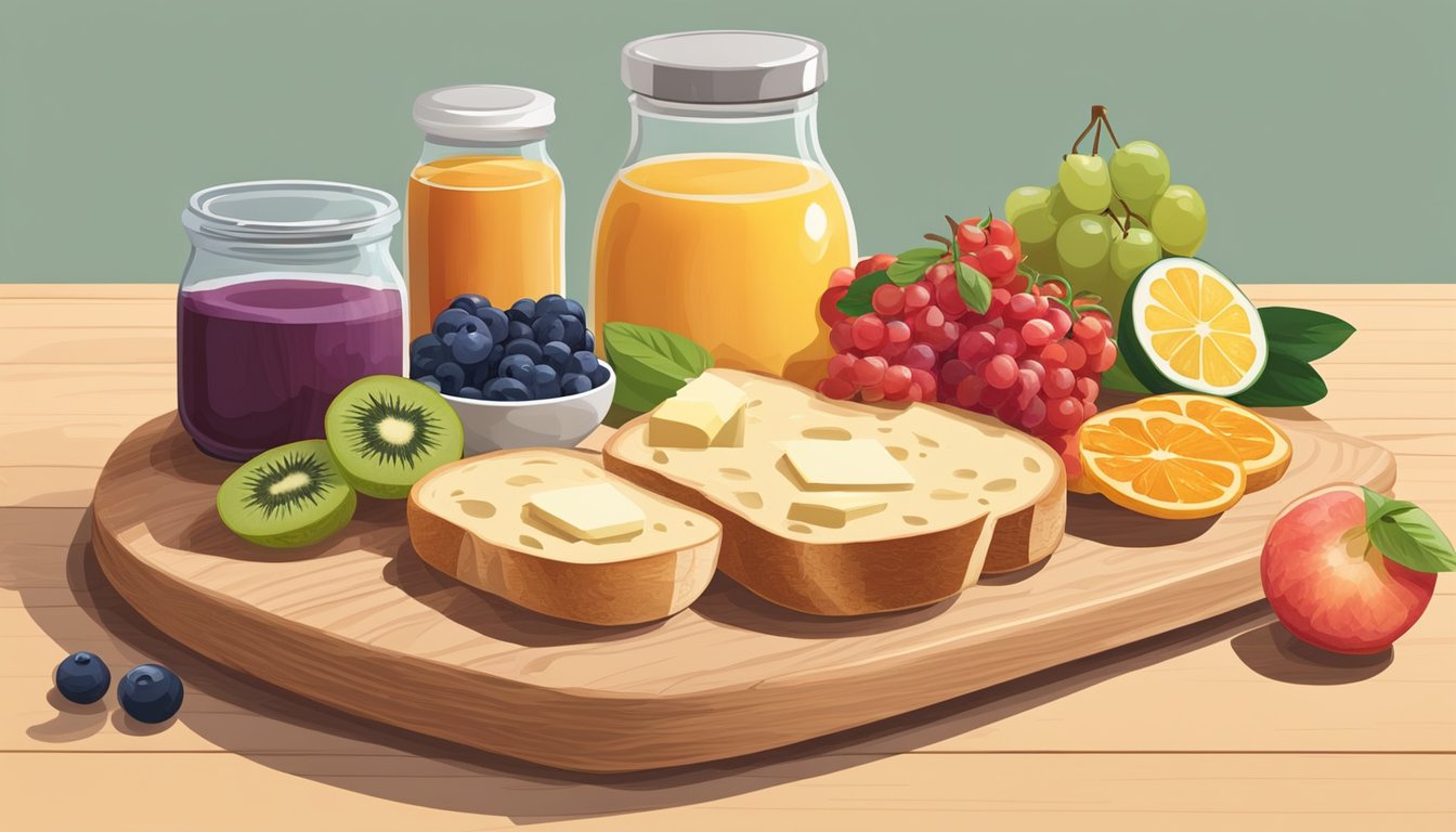 A wooden cutting board with a variety of ingredients such as fruits, cheeses, and spreads arranged neatly next to a stack of sliced baguette ready for assembling breakfast crostini