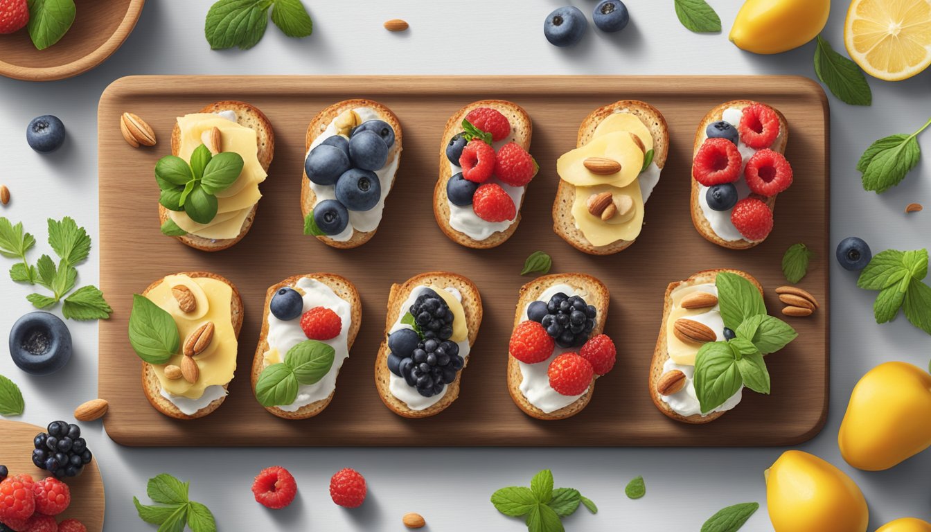 A wooden cutting board with five different crostini toppings arranged in a line, surrounded by fresh ingredients like berries, nuts, and herbs