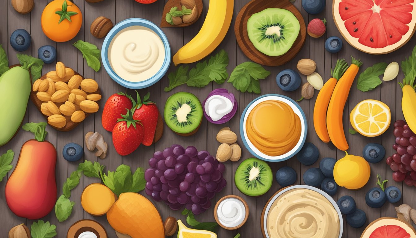 A colorful array of fresh fruits, vegetables, nuts, and seeds arranged on a wooden cutting board, surrounded by small containers of hummus, yogurt, and homemade energy bars