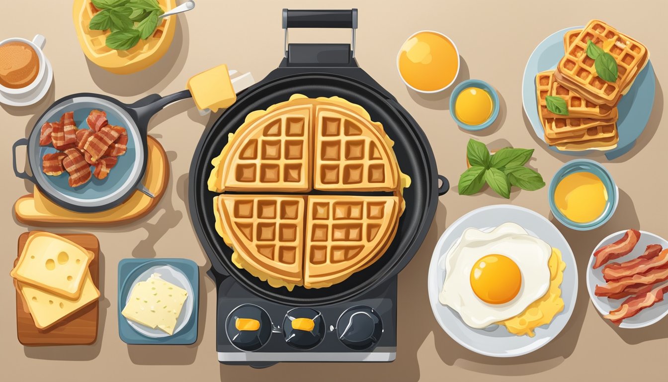 A waffle iron surrounded by various breakfast ingredients, such as bacon, eggs, and cheese, with stuffed waffle sandwiches being cooked and assembled