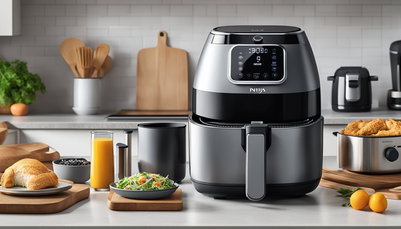 A Ninja Foodi Air Fryer surrounded by various time-saving kitchen tools on a clean, modern countertop