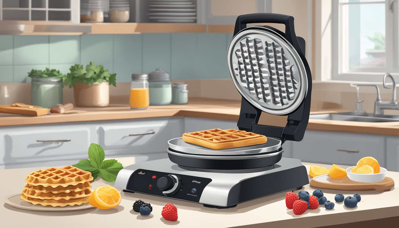 A waffle iron sits on a clean kitchen counter, surrounded by fresh ingredients like berries, syrup, and batter. Steam rises from the hot iron, ready for use