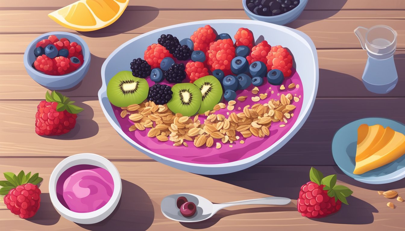 A vibrant berry smoothie bowl surrounded by fresh fruit and granola, placed on a wooden table next to a blender and ingredients