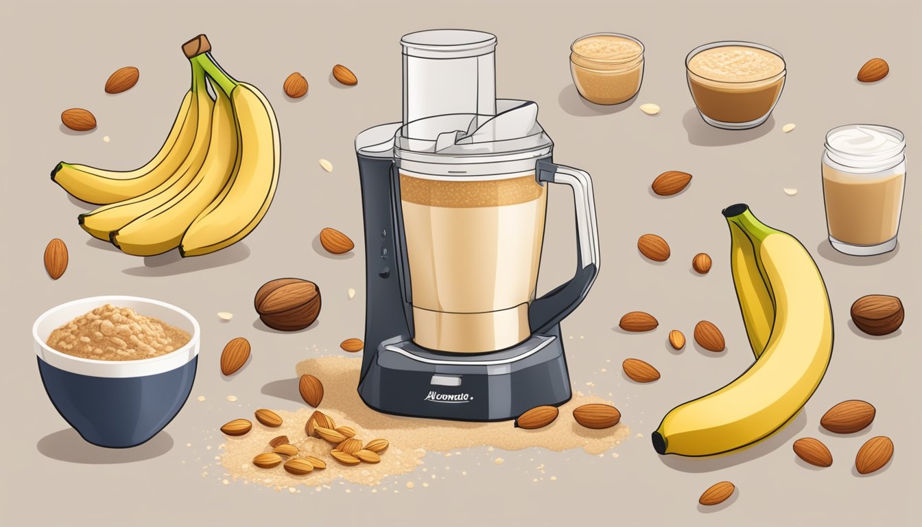 A blender filled with almond butter, bananas, and milk surrounded by scattered recipe ingredients like oats and honey