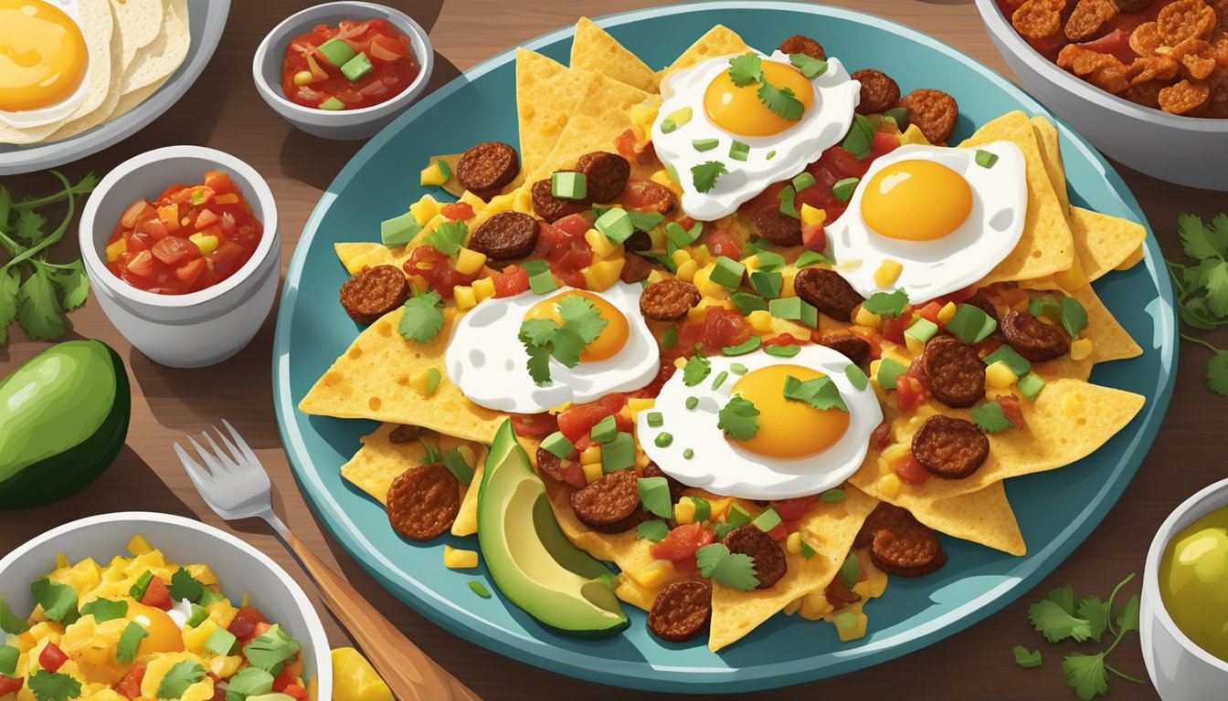 A colorful plate of breakfast nachos topped with spicy chorizo, eggs, cheese, and salsa, surrounded by vibrant ingredients like avocado, jalapeños, and cilantro