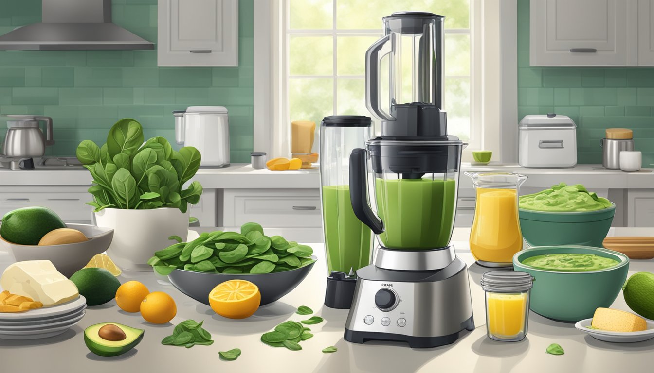 A blender filled with spinach, avocado, and soup ingredients. Ingredients scattered around, with a breakfast setting in the background