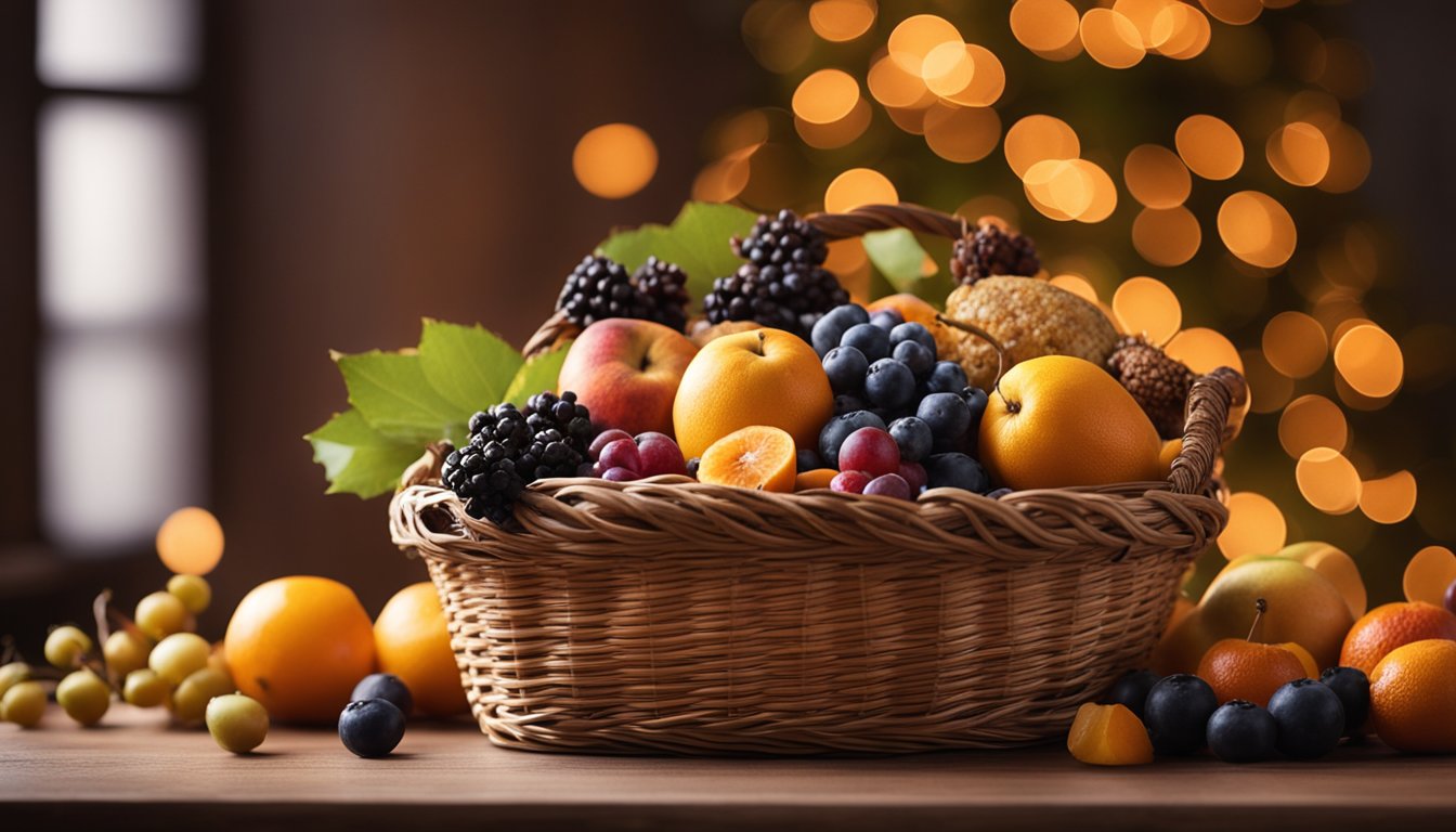 A basket filled with winter fruits sits on a table against a warm, festive background