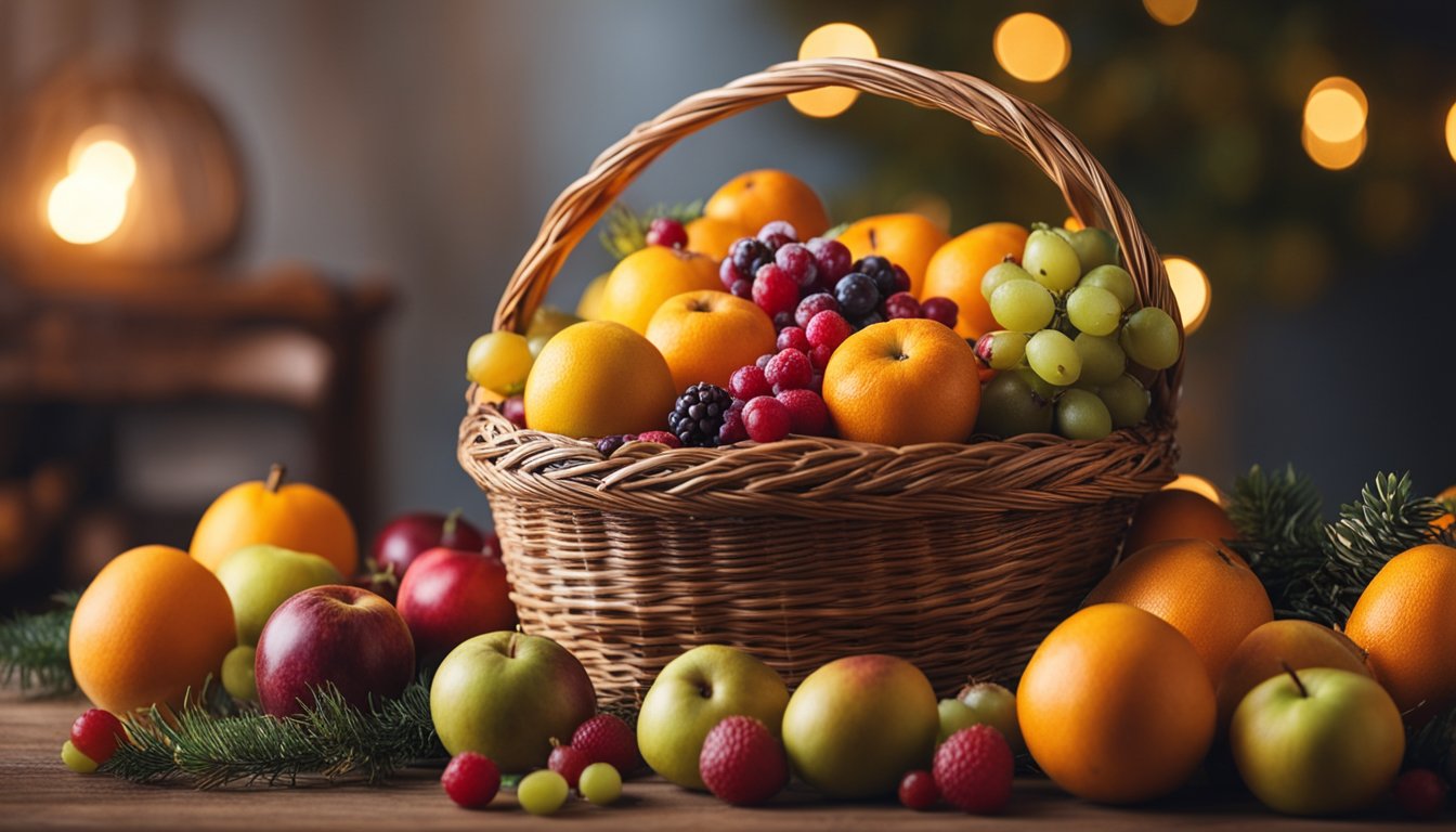 A basket overflows with winter fruits on a table against a festive backdrop