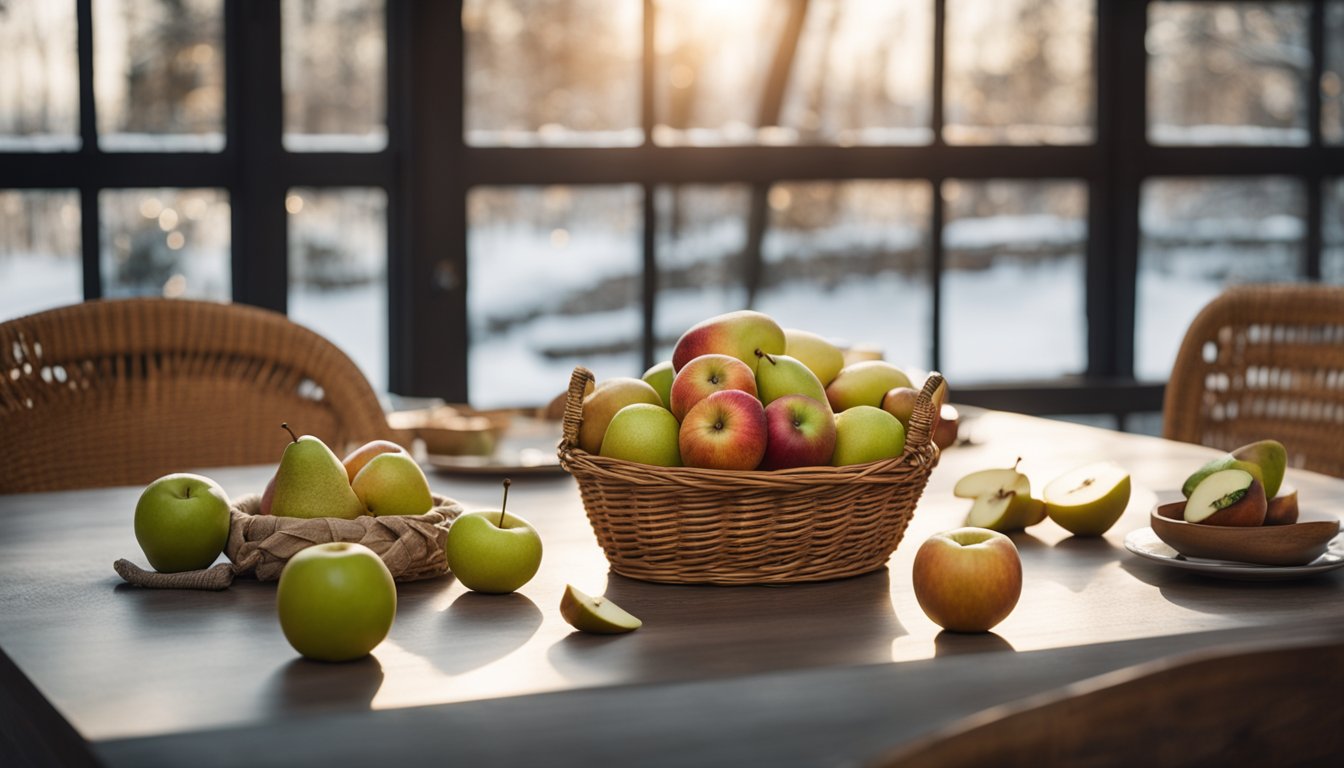 A table with a basket of winter fruits, apples, pears, and kiwis, set against a warm, festive winter background