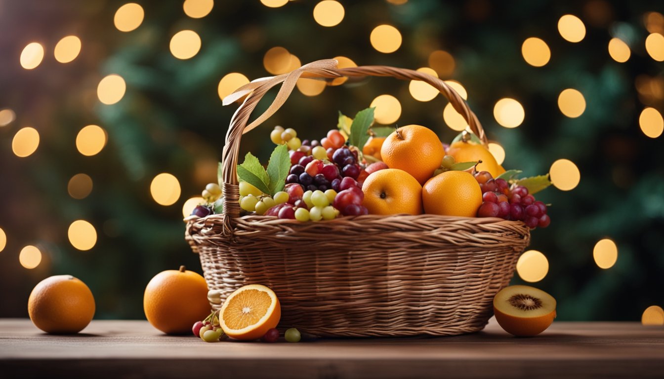 A basket brimming with winter fruits sits on a table against a festive backdrop