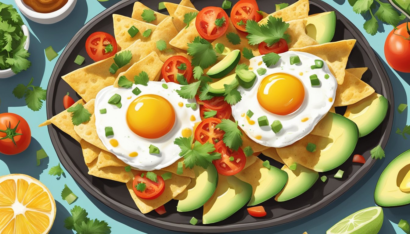 A plate of nachos topped with sliced avocado and fried eggs, surrounded by colorful ingredients like tomatoes, jalapeños, and cilantro