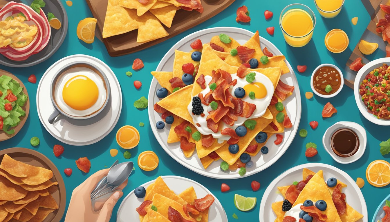 A plate of breakfast nachos topped with maple syrup, crispy bacon, and colorful toppings, surrounded by a festive morning fiesta atmosphere