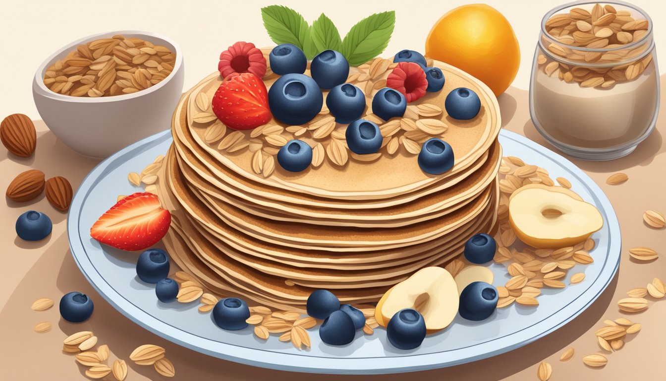 A blender filled with oats, nuts, and other ingredients, surrounded by fresh fruits and a stack of oat pancakes on a plate