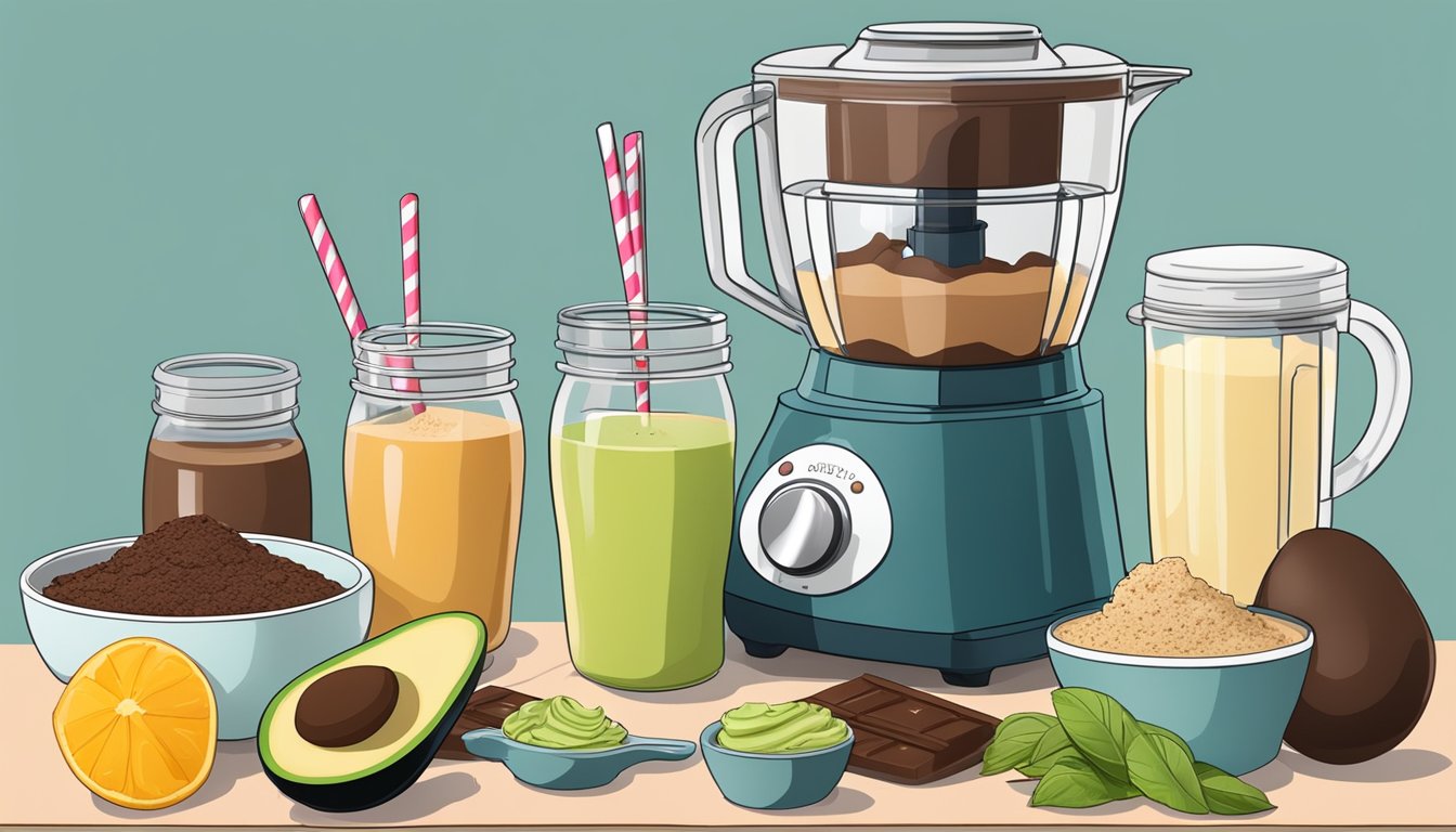 A blender filled with ingredients for chocolate avocado pudding, surrounded by various breakfast items