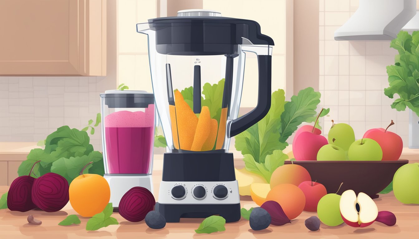 A blender surrounded by fresh beetroot, apples, and other breakfast ingredients on a kitchen counter