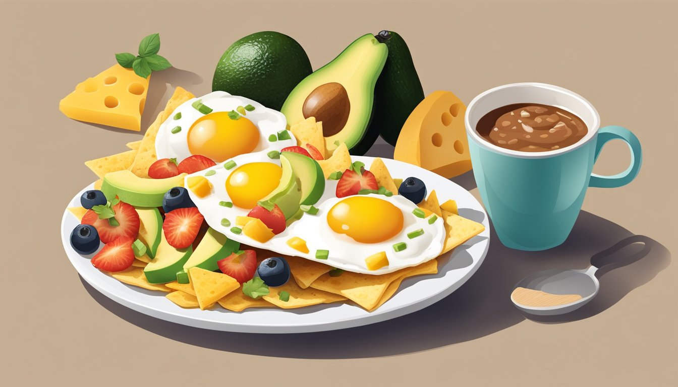 A colorful spread of breakfast nachos topped with eggs, avocado, salsa, and cheese, surrounded by fresh fruits and a steaming cup of coffee