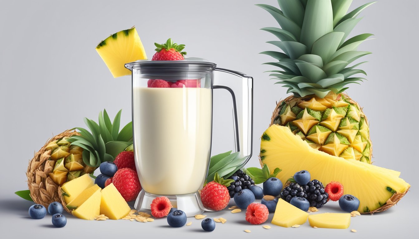 A blender filled with frozen pineapple and yogurt, surrounded by ingredients like berries, oats, and honey, ready to be blended into a delicious breakfast smoothie