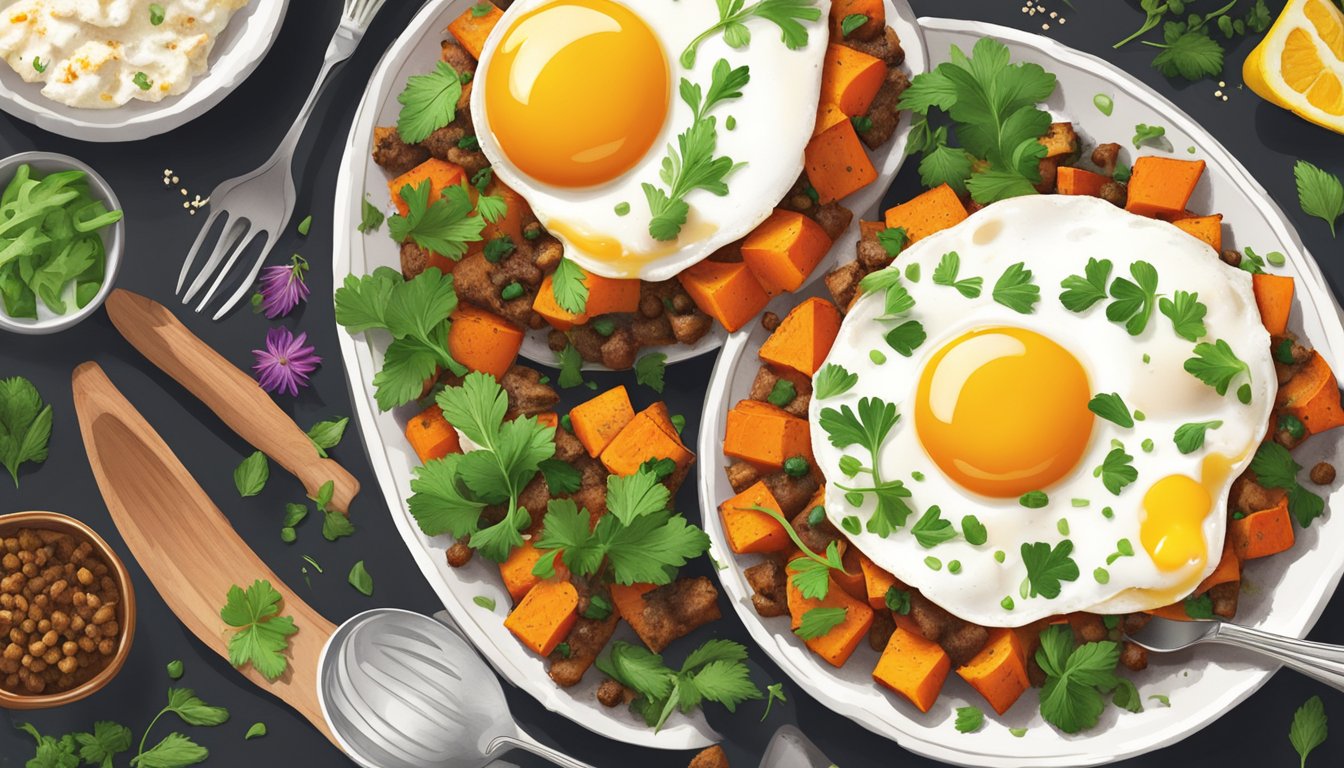 A colorful plate of sweet potato hash topped with sunny-side-up eggs, surrounded by fresh herbs and spices