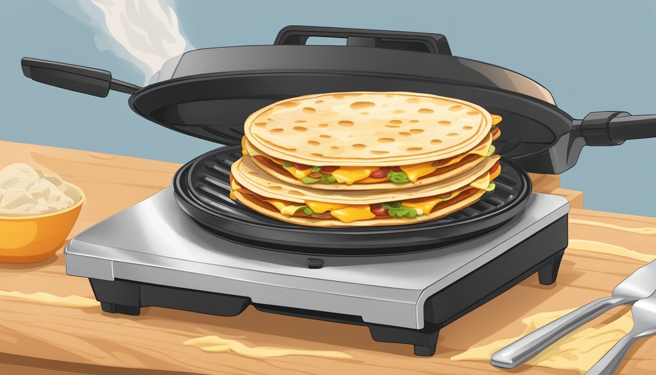 A breakfast quesadilla sizzling on a panini press, with steam rising and the cheese melting between the layers of tortilla