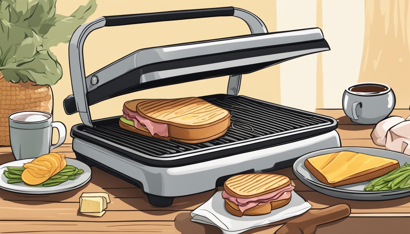 A panini press sizzling with a golden brown ham and cheese melt, surrounded by fresh ingredients and a steaming cup of coffee