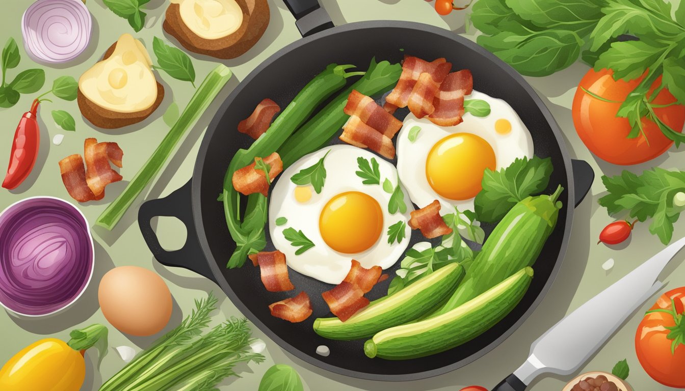 A sizzling pan with zucchini, bacon, and eggs cooking together, surrounded by fresh herbs and colorful vegetables