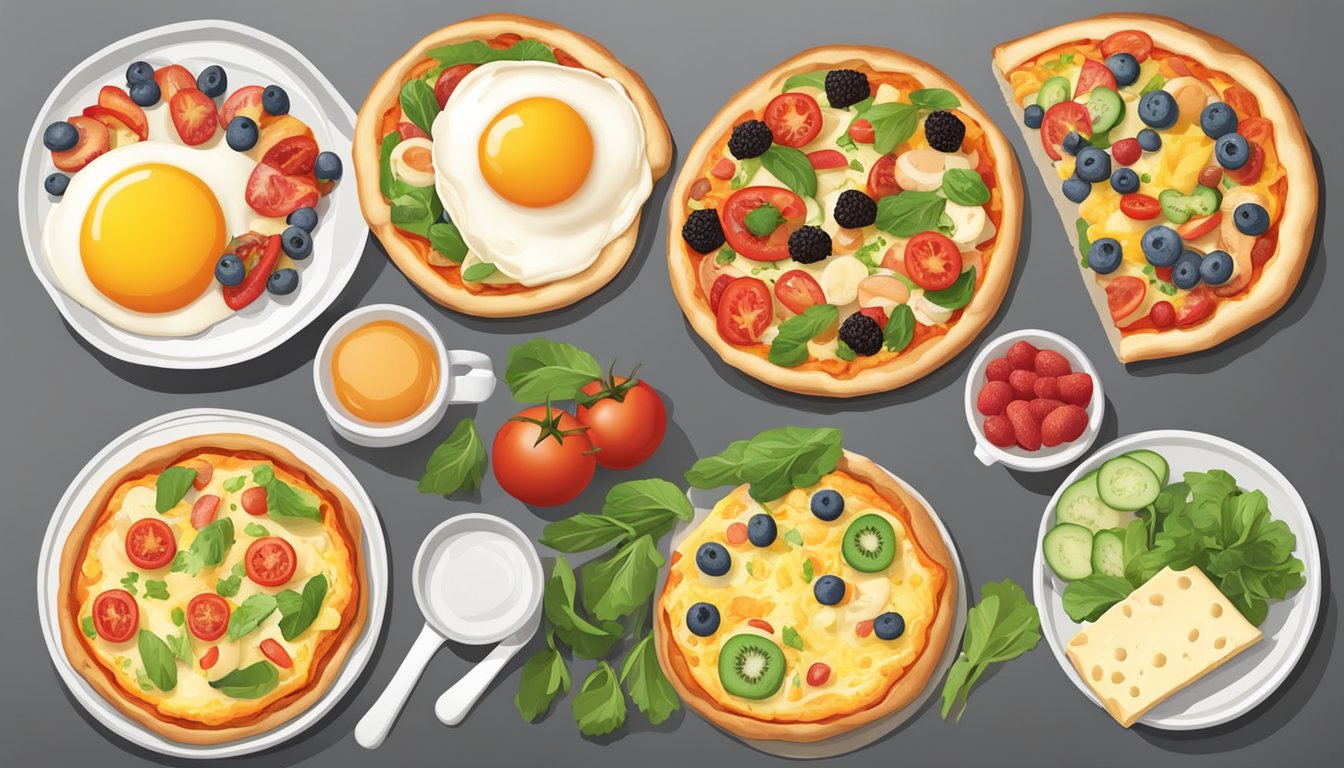 A table set with five different breakfast pizzas, each topped with colorful and nutritious ingredients like eggs, vegetables, and cheese