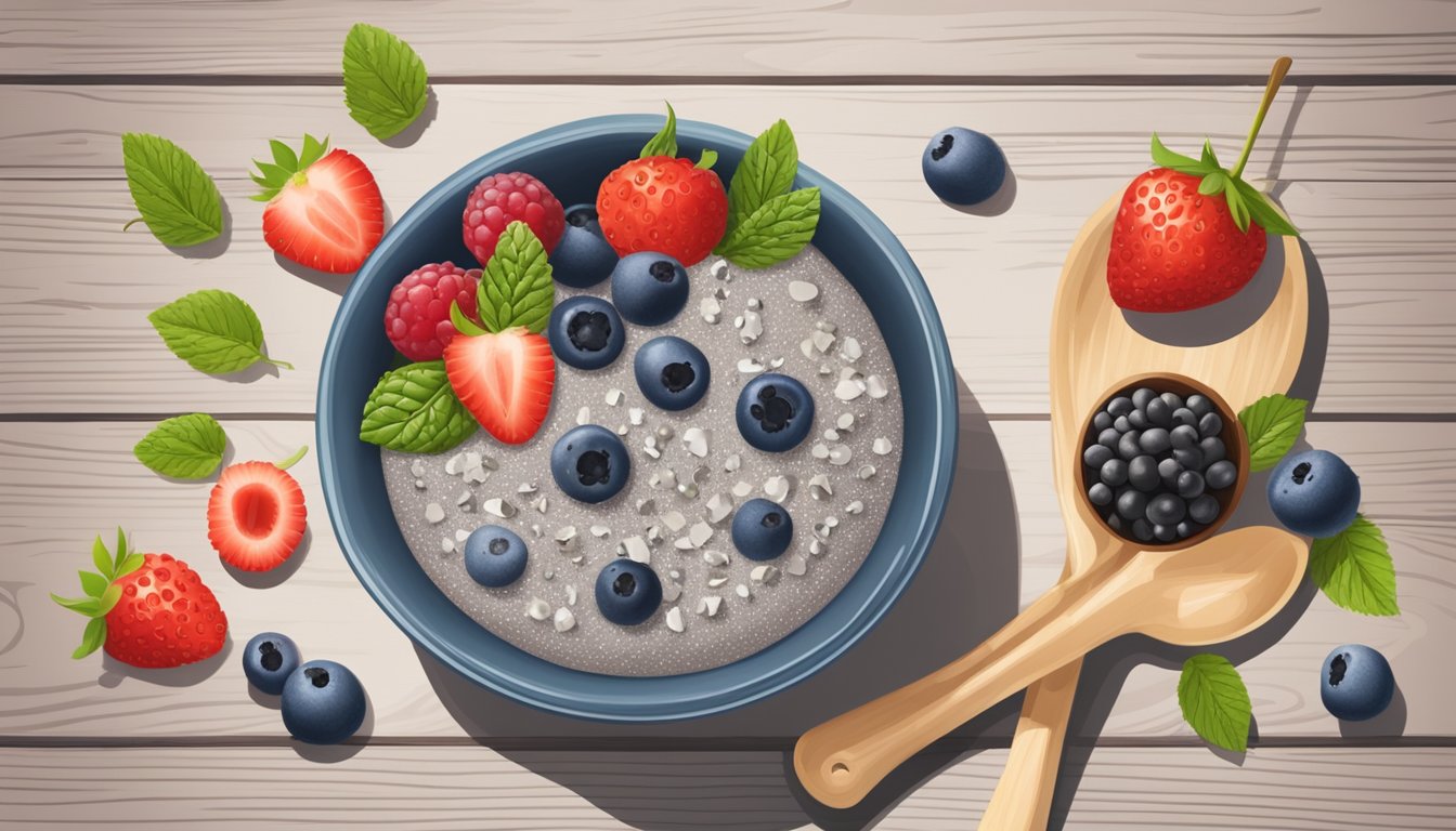 A bowl of chia seed pudding topped with fresh berries, surrounded by ingredients and a rustic spoon on a wooden table