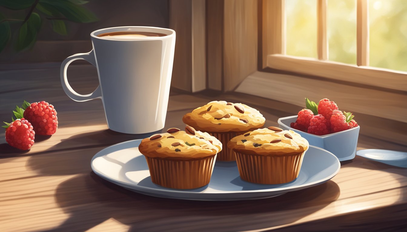 A rustic wooden table with a plate of almond flour muffins, fresh berries, and a cup of coffee. Sunlight streams in through a nearby window