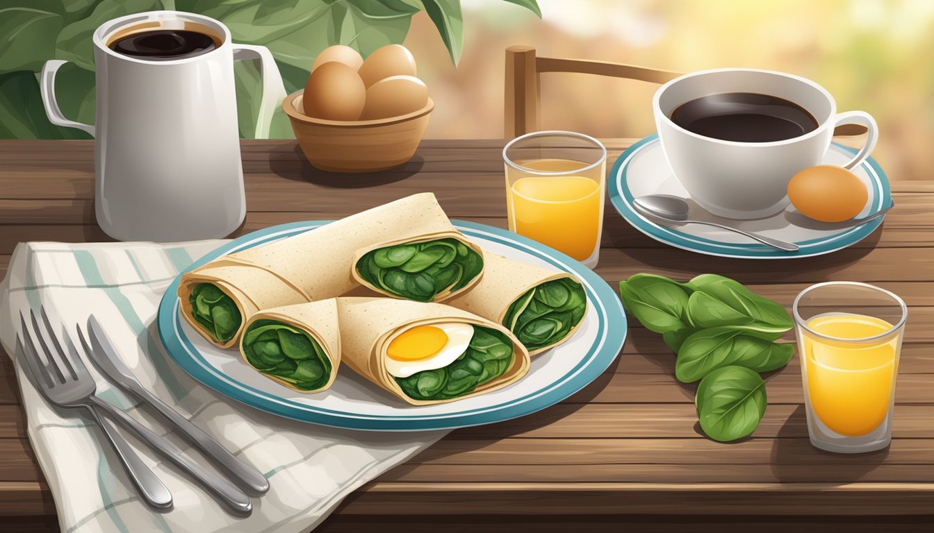 A rustic wooden table set with a plate of egg and spinach breakfast wraps, accompanied by fresh fruit and a steaming cup of coffee