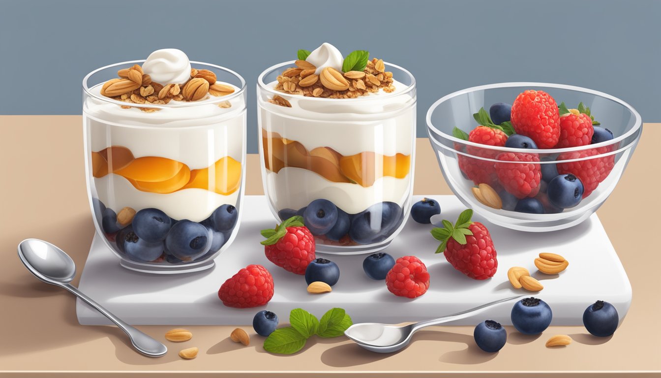 A glass parfait dish filled with layers of cashew yogurt, fresh berries, and granola, with a spoon resting on the side