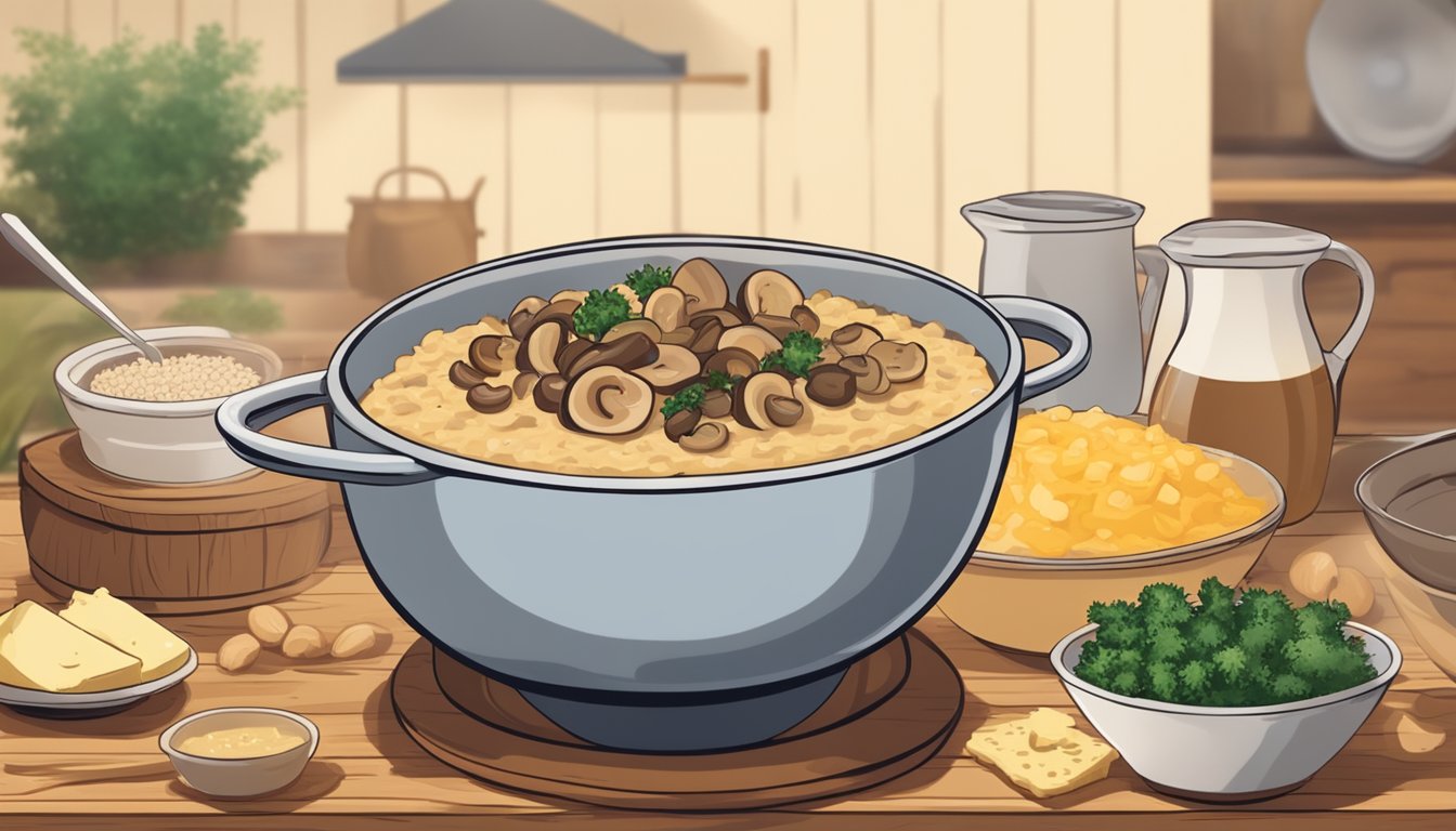 A steaming bowl of savory oatmeal topped with sautéed mushrooms and melted cheese, surrounded by a rustic wooden table and a warm, cozy kitchen setting