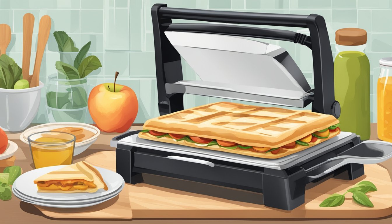 A panini press with a sizzling apple pie panini surrounded by fresh ingredients and kitchen utensils