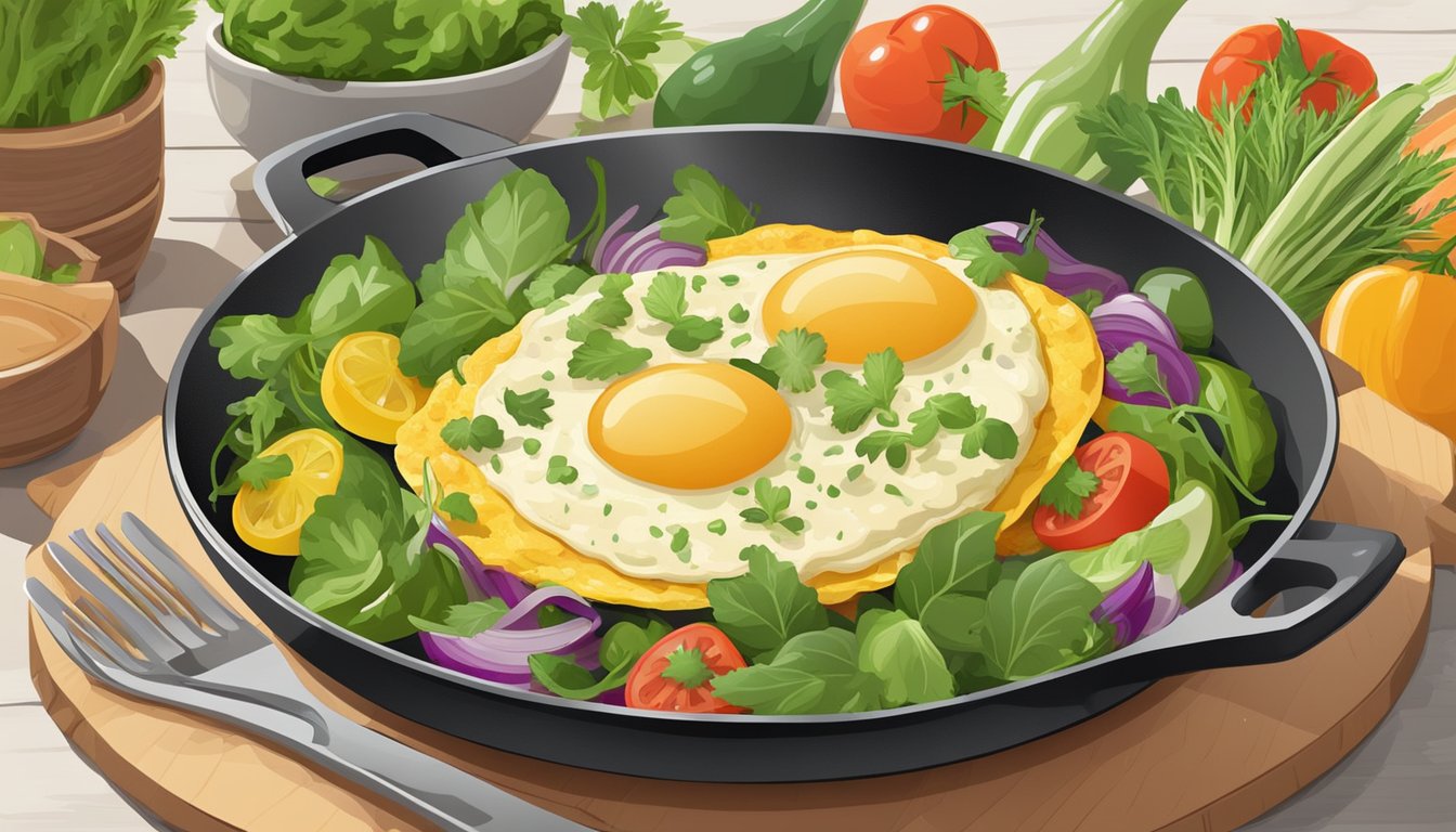 A colorful veggie omelet sizzling in a skillet, surrounded by fresh produce and herbs, with a plate and utensils nearby