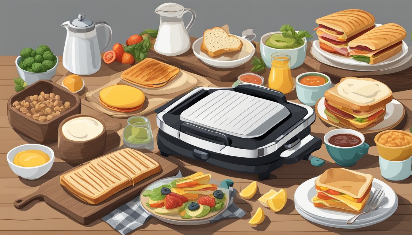 A panini press surrounded by various breakfast ingredients and cooked sandwiches, showcasing its versatility in making different breakfast recipes