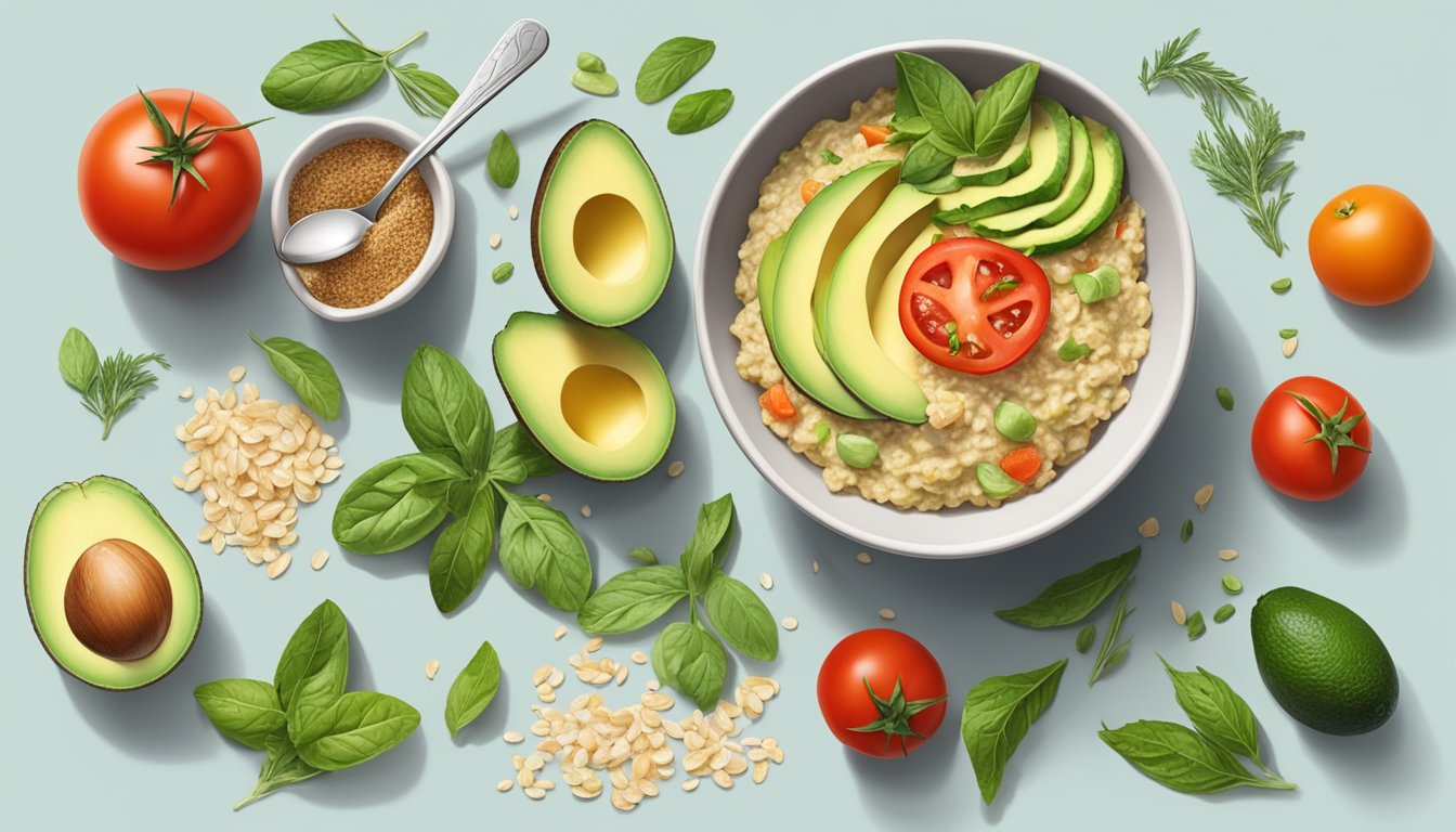 A bowl of savory oatmeal topped with sliced avocado and tomato, surrounded by ingredients like herbs, spices, and a spoon