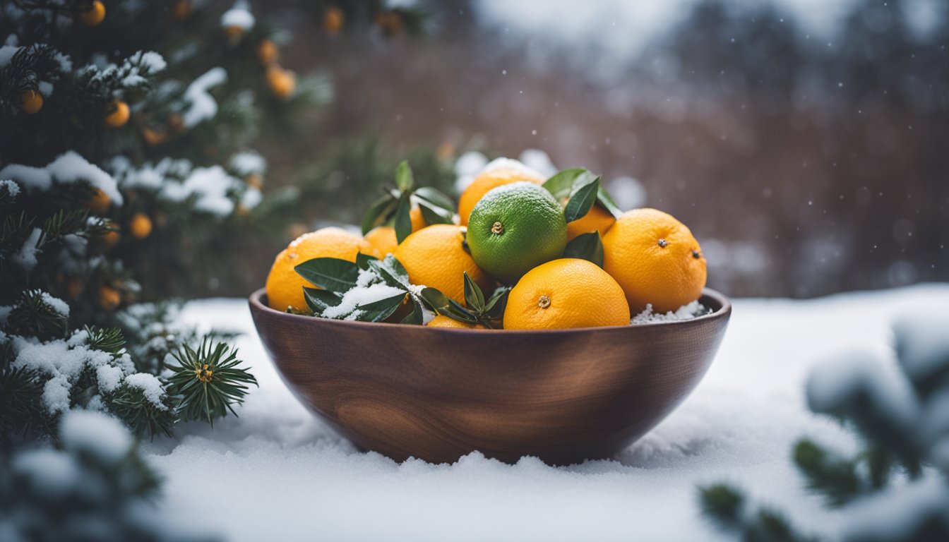 A bowl of citrus fruits against a snowy backdrop, their vibrant colors standing out in the winter scene