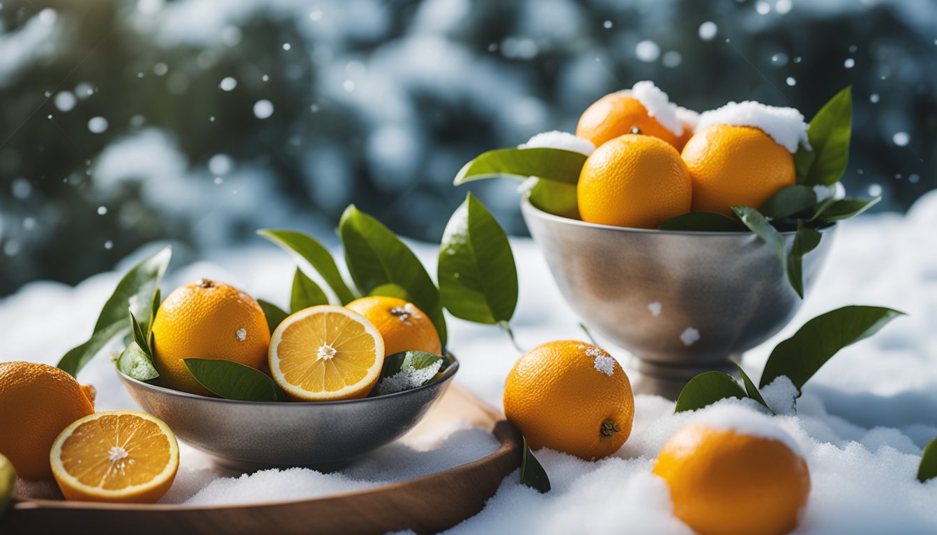 A bowl of citrus fruits on snowy backdrop, vibrant and fresh