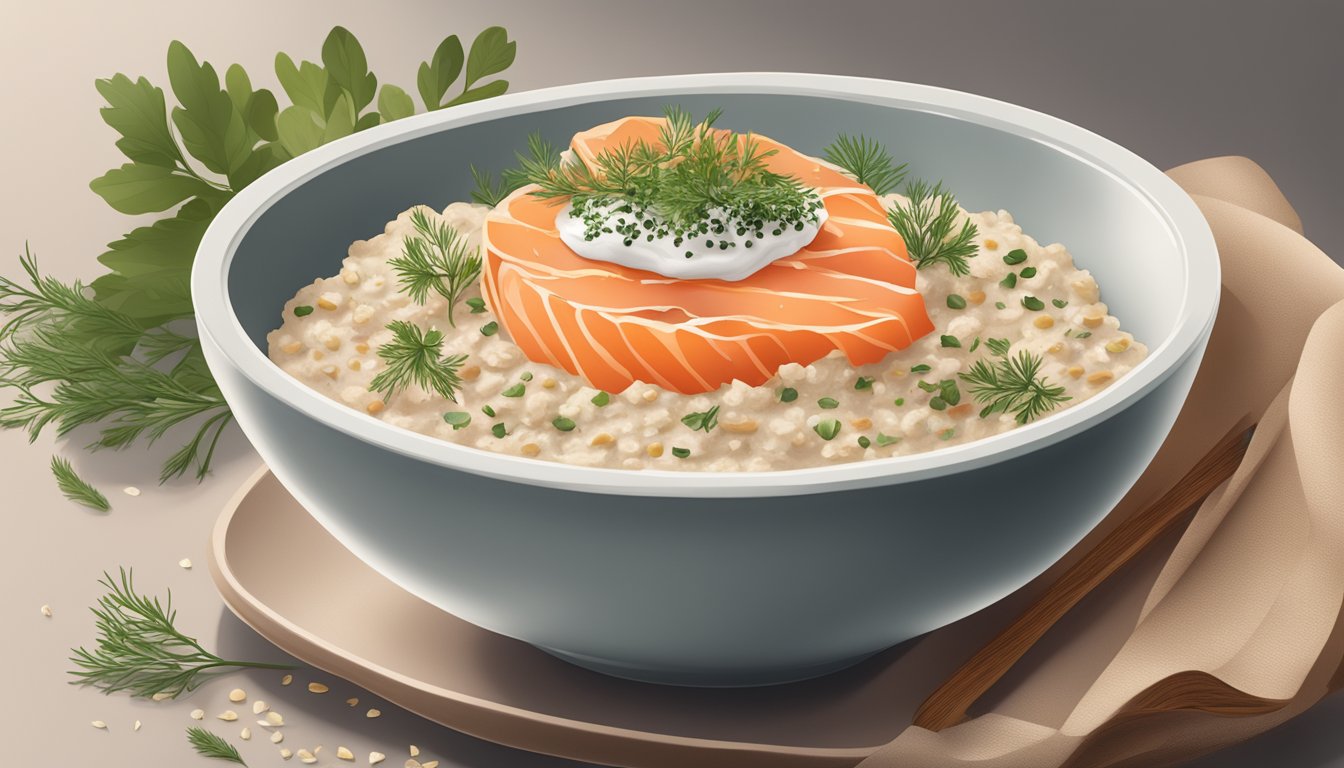 A bowl of savory oatmeal with smoked salmon, cream cheese, and oats, topped with fresh herbs and a sprinkle of black pepper